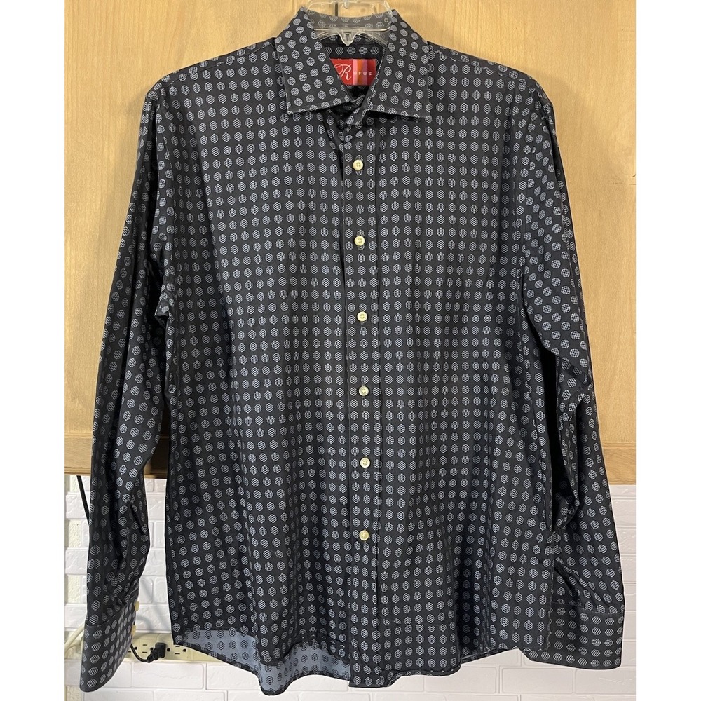 Rufus Men's Long‎ Sleeve Shirt Size XL 100% Cotton Made In USA Gray With Print